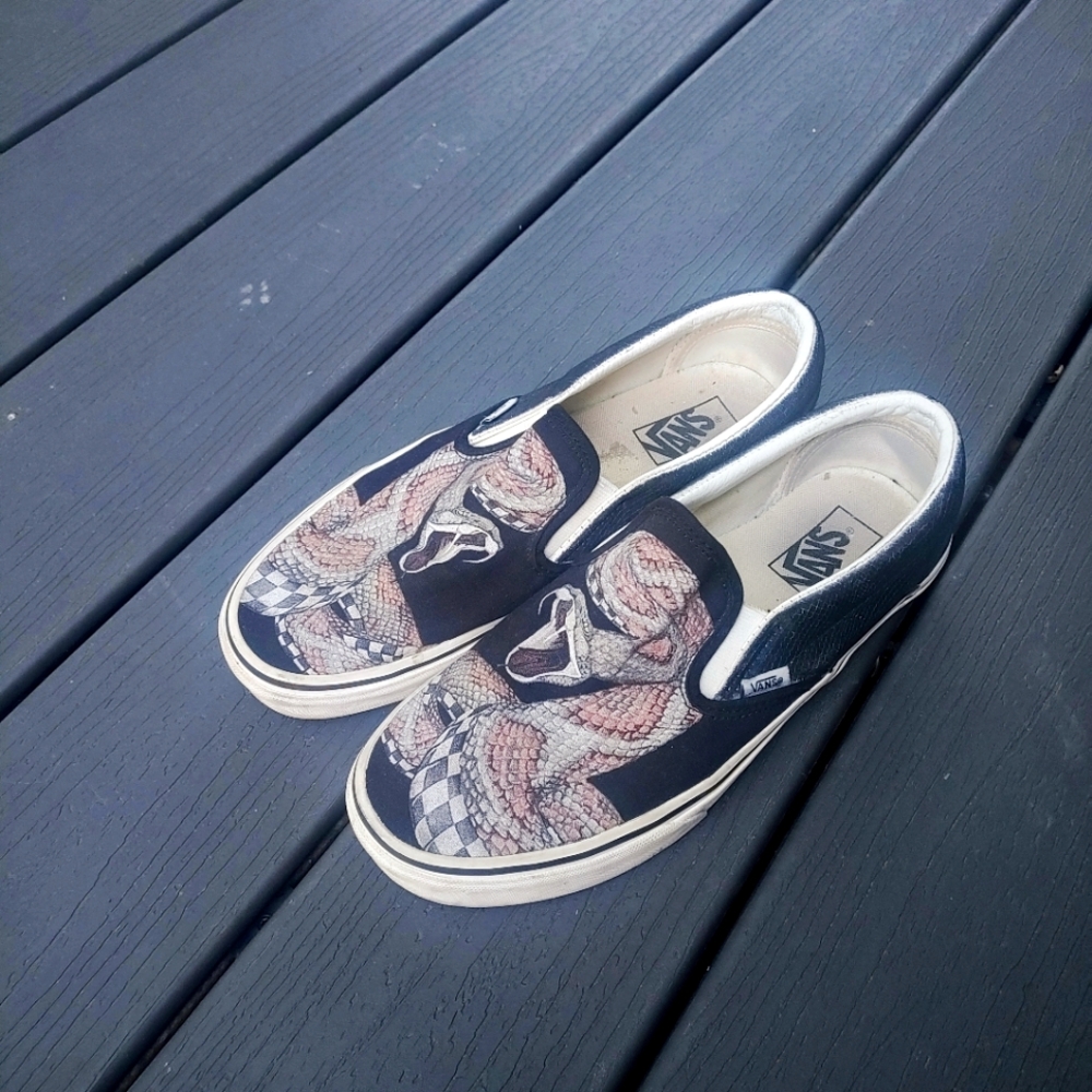 Vans Black and Cream Snake Graphic Slip-Ons